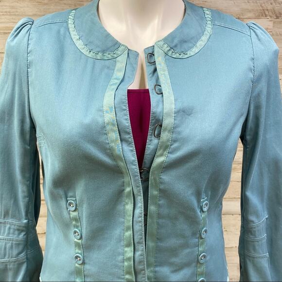 Marc Jacobs Military Style Cotton Blazer Womens Size 4 Light Teal Ribbon Detail - Picture 4 of 15
